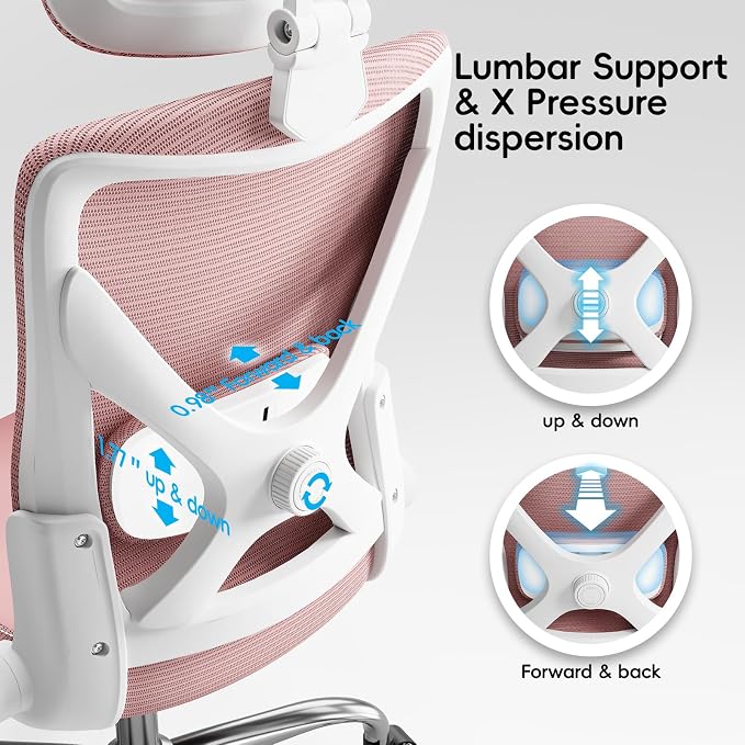 Ergonomic Office Chair:Home Office Desk Chairs with Headrest Lumbar Support | Ergalithic Ergonomic Desk Chair X-Shaped Mesh PU Leather Executive Computer Chair High Back Flip-Up Arms for Long Hour(DPink) - Image 5