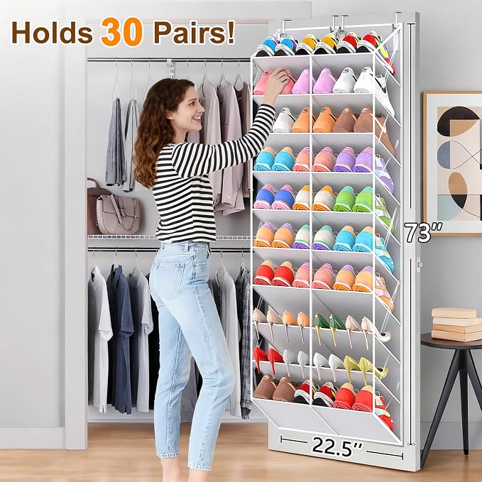 UVIAHOMI 20-30 Pairs Over the Door Shoe Organizer, Clear Pockets Hanging Shoe Storage for Closet, 10-Tier Door Shoes Rack, Handing Shoes Holder Fit All the Family's Sneakers, Boots, Heels, Light Grey - Image 2