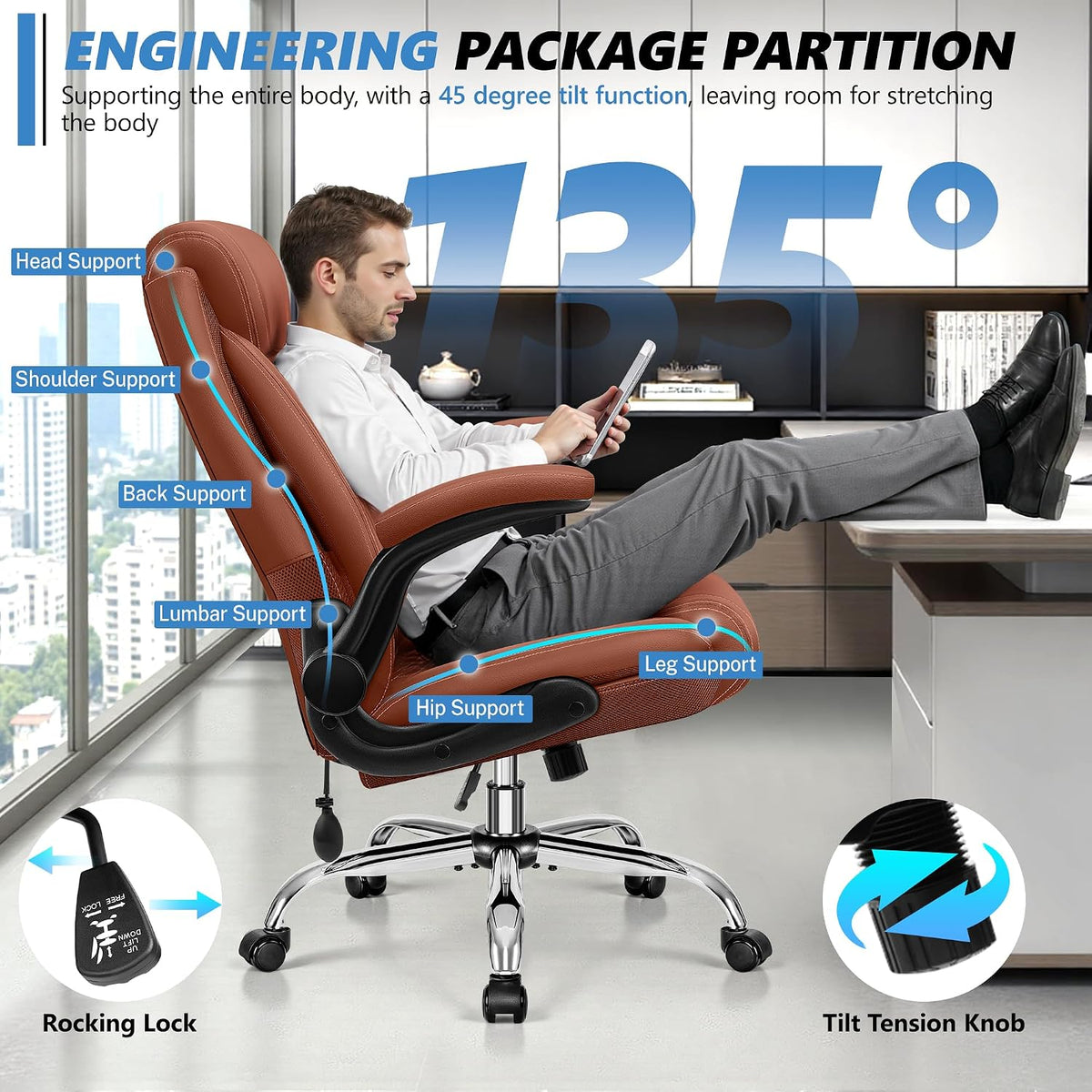 Executive Office Chair with Lumbar Support, Big and Tall Ergonomic Computer Desk Chair, Leather Comfy High Back Gaming Chair with Flip Up Arms & Rocking Function for Home Office, Brown - Image 6