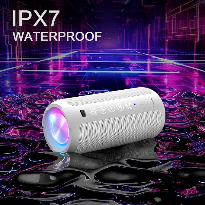 Ortizan Portable Bluetooth Speaker: IPX7 Waterproof, 24W Loud Sound, White | Deep Bass, Bluetooth 5.3, LED Lights, Wireless Stereo Pairing, 30H Playtime, for Home/Outdoor/Party/Beach, Birthday Gift - Image 7