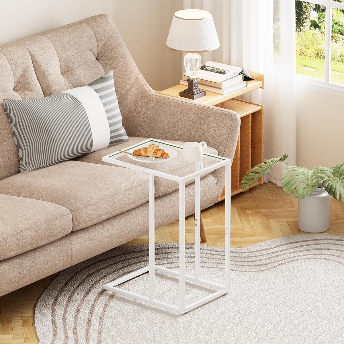 Easy Paws Small C Shaped Table for Sofa,Glass Couch Sofa Tray Snack Table for Living Room, Bedroom,TV Tray Table for Small Space,Accent Coffee Table,Nightstand with Metal Frame(White) - Image 7