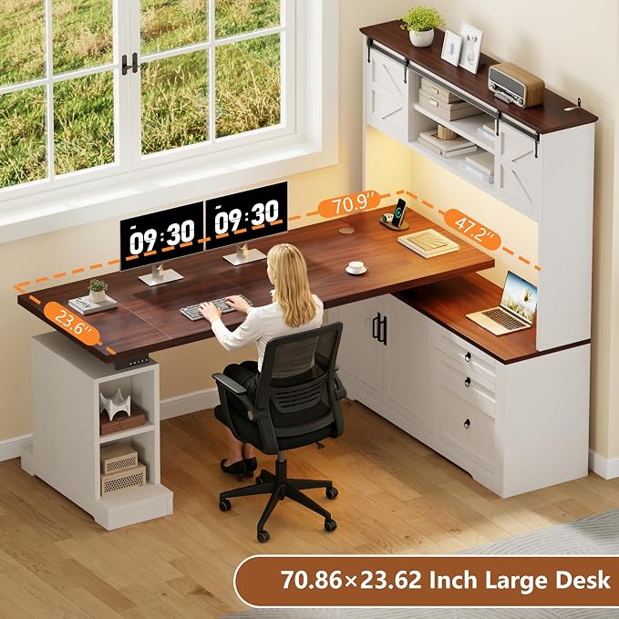 71" LED L Shaped Standing Desk with Hutch and Drawers White | Farmhouse Adjustable Corner Desk, Sit Stand Office Deskwith 4 AC Outlets & Type C, Executive Computer Desk with Cabinet - Image 4