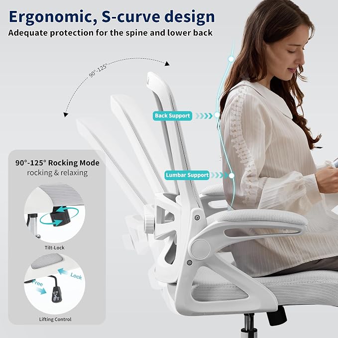 Ergonomic Office Chair Desk Chair with Adjustable Lumbar Support | Mesh Computer Chair Home Office Desk Chair with Flip-up Armrests Executive Task Chair Comfy Mesh Gaming Chair(Gray) - Image 4