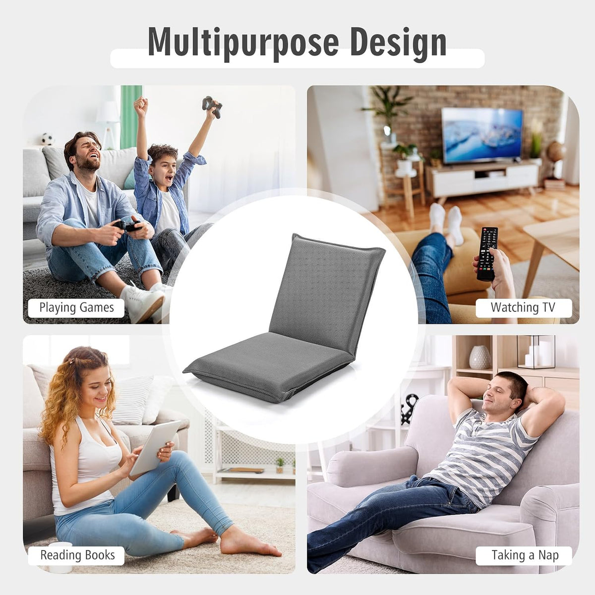 MAT EXPERT Adjustable Floor Chair, 6-Position Mesh Floor Gaming Chair, Folding Lazy Sofa Padded Lounger Recliner, Cushioned Floor Chair with Back Support for Reading, Meditating (Gray) - Image 7