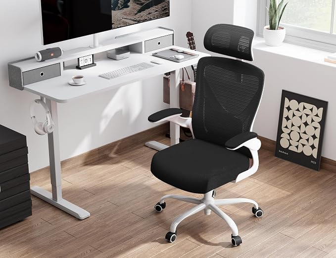 Ergonomic Office Chair: Mesh Desk Chair Comfy with Headrest& Lumbar Support | Ergalithic Big and Tall Office Chairs with Wheels & Flip-Up Arms-Computer Gaming Chairs for Adults Home Office (White Black) - Image 3