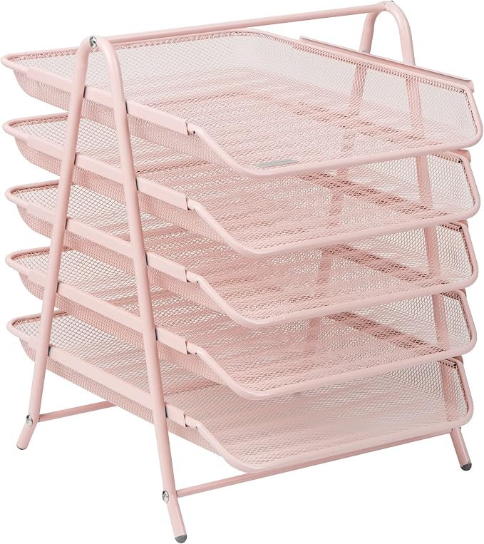 Mind Reader 5-Tier Paper Tray Organizer, Vertical Desktop File Storage Rack, Office, Metal Mesh, Pink - Image 7