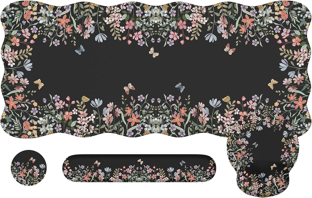 iLeadon Cute Desk Mat Set, Scalloped Floral Desk Mat Keyboard Mouse Pad Set by iLeadon