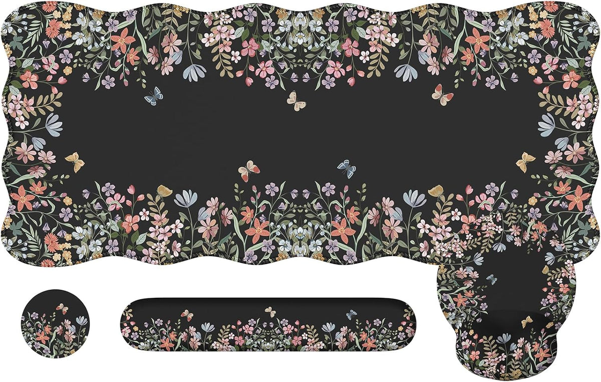iLeadon Cute Desk Mat Set, Scalloped Floral Desk Mat Keyboard Mouse Pad Set by iLeadon