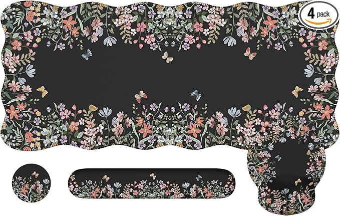 iCasso Black 4in1 Mousepad, 35.4"x15.7" Desk Blotter for Classroom | Workspace Ergonomic Desk Pad Featuring Keyboard Wrist Rest, Girly Mousepad Set for Students Travel Home Office by iCasso
