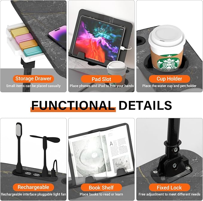 Lap Desk for Bed Adjustable Height with USB Port 23.6" x15.7" Desktop | Storage Drawer, Bookshelf, Fits 17" Laptop, For couch WFH Study, Foldable Non-Slip No Assembly Sturdy Lightweight DeepStone - Image 5