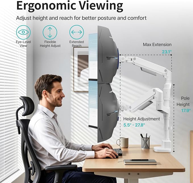 Dual Monitor Arm for 17”-49“Ultrawide Monitors, White | Heavy Duty Dual Monitor Mount Holds 44 lbs - Image 6