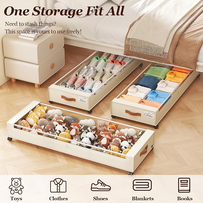 Yecaye Under Bed Storage with Wheels 2 Pack, 85 L Extra Large Under Bed Storage Containers with Metal Frame & Clear Lid, Rolling Underbed Organizer Bins Drawers for Clothes, Shoes, Blankets, Beige - Image 7