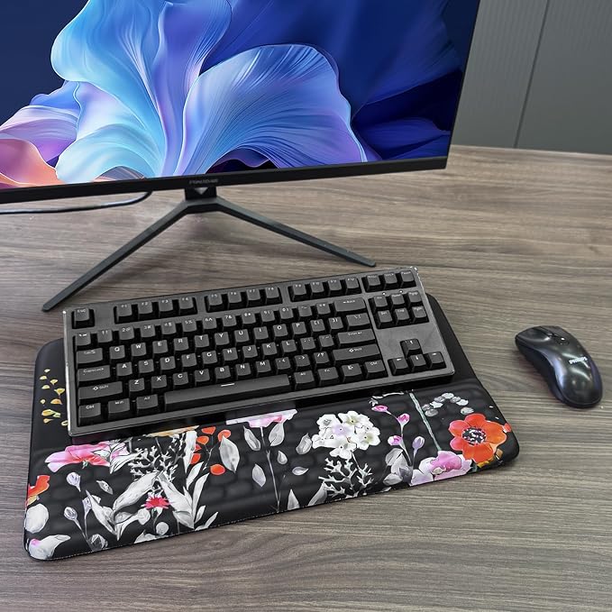 Computer Keyboard Stand with Wrist Rest, Ergonomic Tilted Keyboard Holder - Keyboard Riser with Wrist Pad - Keyboard Tray Support for Office Home - Black Flowers - Image 7