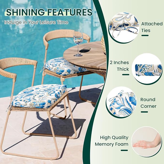 HARBOREST Outdoor Chair Cushions Set of 6, Water Resistant Patio Chair Cushions with Ties, Outdoor Seat Cushions for Patio Furniture, 17"x16"x2", Blue Butterfly - Image 3