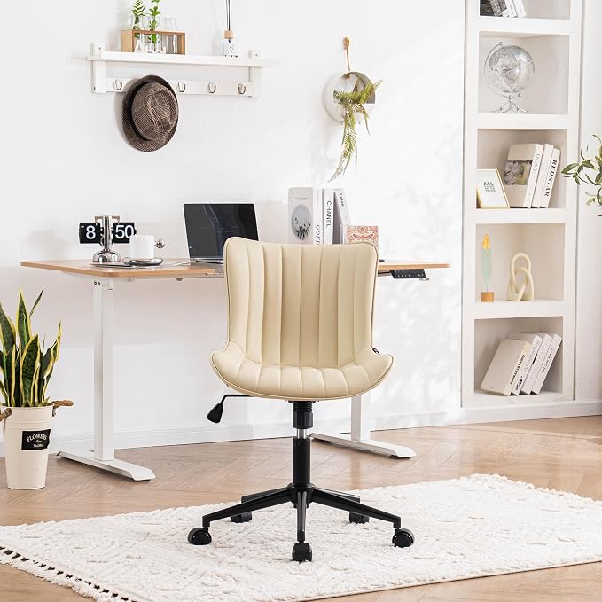 YOUNIKE Office Desk Chair with Wheels Armless Vanity Chair Modern Beige | Faux Leather Upholstered with Rocking Back, Swivel Height Adjustable Small Cute Computer Rolling Task Chair Ergonomic 300lb - Image 8