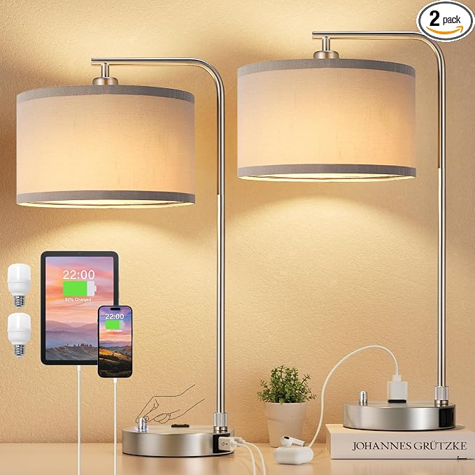 Innqoo Bedside Table Lamps for Bedroom Set of 2-Dimmable Nightstand Lamps with USB Port and Outlet,Modern Grey Lamps with Linen Shade,Tall Desk Lamps for Home Office Bedroom Living Room End Table by Innqoo