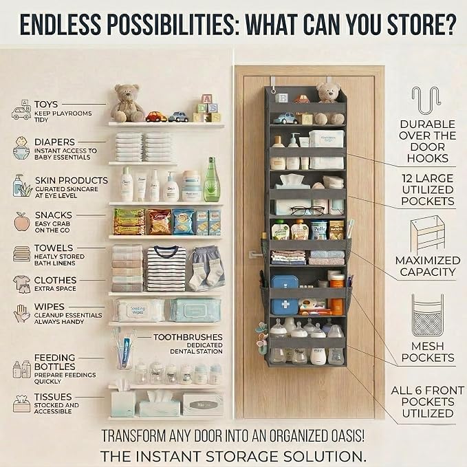 HOMELUX THEORY Over the Door Organizer, 6-Tier, 100D Fabric, Dark Gray 1pc | Over the door shoe organizer, 50 lbs capacity, 12 side mesh pockets, 100D extra thick fabric, Closet & entryway storage - Image 6