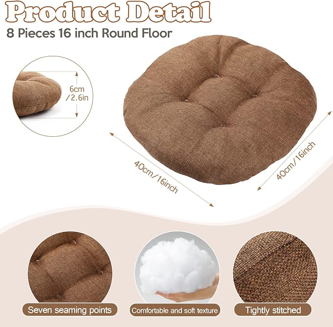 Fumete 8 Pcs Round Floor Cushions for Classroom Kids,Brown | 16 Inch Diameter, Students Flexible Seating Pillows, Home Daycare School Reading Yoga Meditation, Soft Cushioned - Image 3