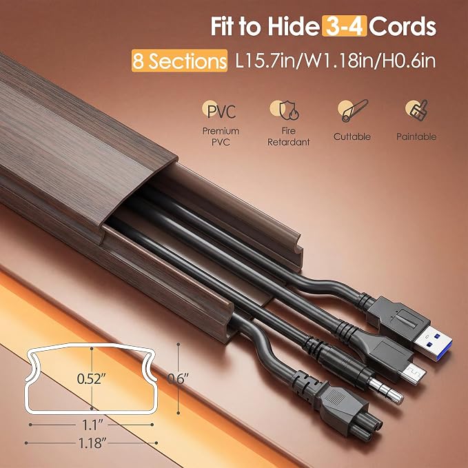 Yecaye TV Cord Hider, 125in Cord Cover, W1.18in H0.6in, Darkwood | Large Cable Hider, Wire Covers for 4 Cords, Cable Raceway Wire Hiders for TV on Wall, Cable Cover Cord Concealer - Image 2
