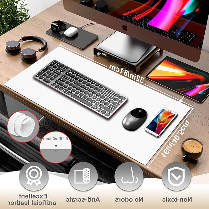 Desk Mat with Wireless Charging, White Mouse Pad with Wireless Charger, Desk Pad Matt for Desktop, Mousepad Gaming Large Mouse Pad, Leather Compute for Keyboard and Mouse, 32" x 16" - Image 6