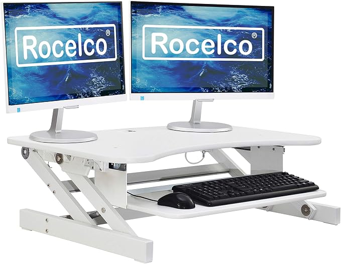 Rocelco 37.5" Deluxe Height Adjustable Standing Desk Converter - Quick Sit Stand Up Dual Monitor Riser - Gas Spring Assist Computer Workstation - Large Retractable Keyboard Tray - White (R DADRW) by Rocelco