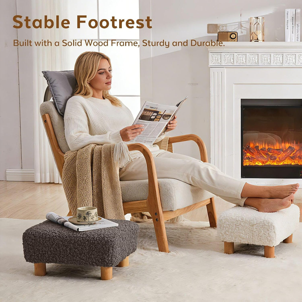 Small Foot Stool Ottoman, Sherpa Footstool Ottoman Foot Rest for Couch, Rectangle Footstools and Ottomans Small for Living Room, Entryway and Bedroom (Brown) - Image 7