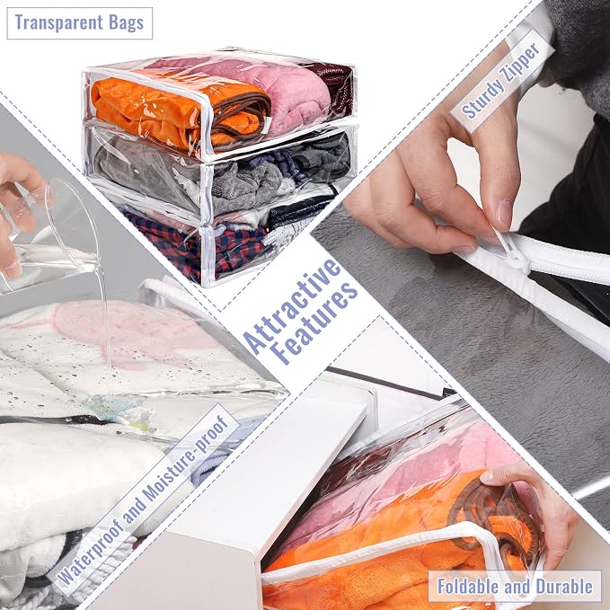 Shappy 6 Packs Clear Plastic Storage Bags with Zipper, 16 X 14 X 4 Inch | Sweater Bags, Moth Proof Protection, Vinyl, For Blankets Clothes Bed Sheet Comforters Pillows Quilt Closet Linen Organizer - Image 3
