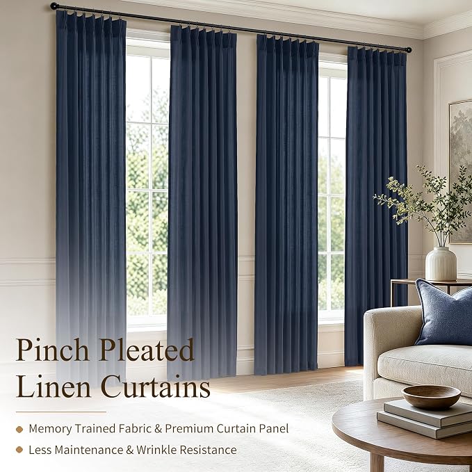 Hokibero Navy Blue Pleated Linen Curtains 63 Inch Long for Living Room | Light Filtering Sheer Curtain,Pinch Pleat Back Tab Hooks Rings,Farmhouse Textured Privacy Drapes for Bedroom Window,2 Panels - Image 2