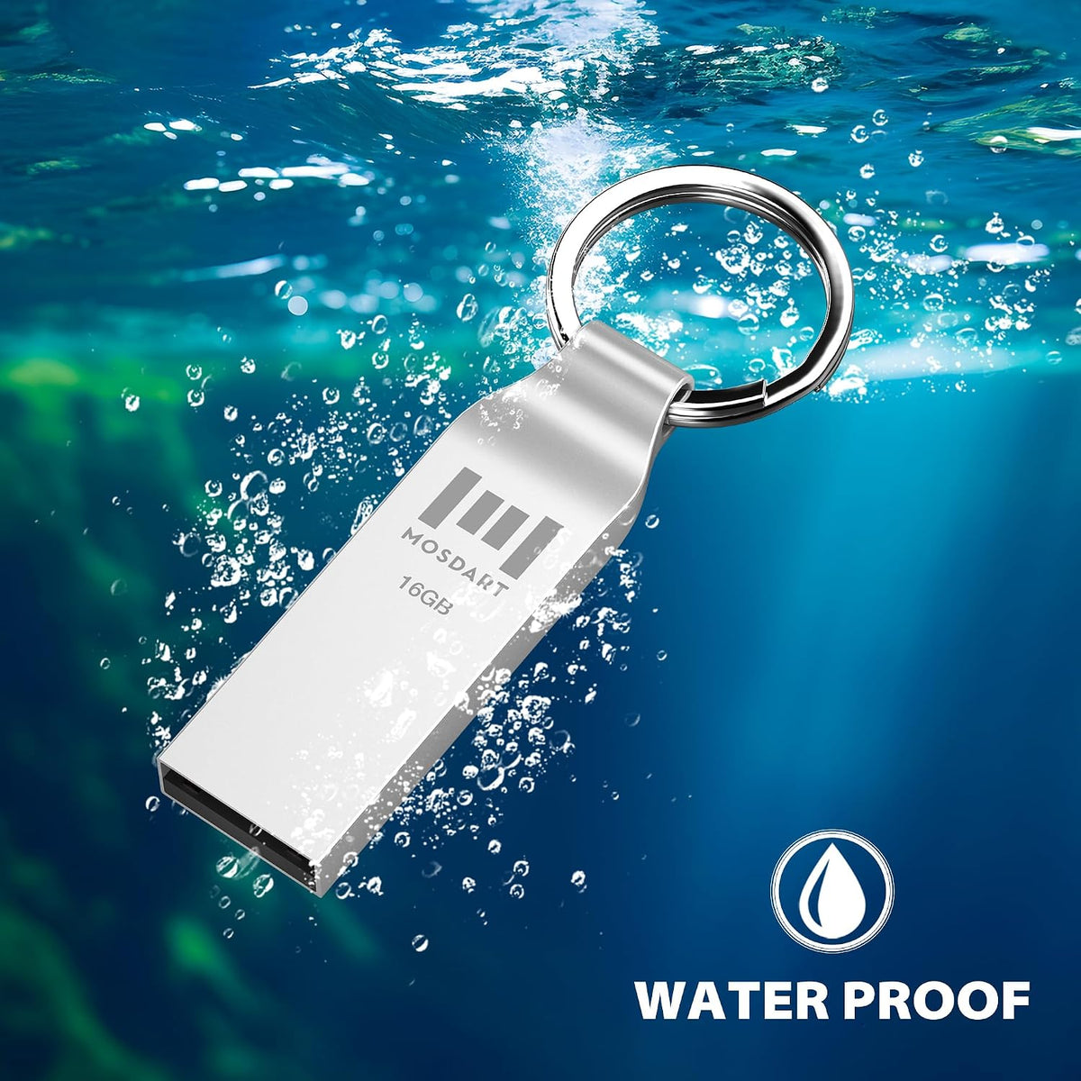 MOSDART 16GB Metal USB 2.0 Flash Drive Waterproof with Keychain, Silver - Image 4
