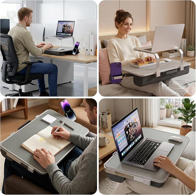 Large Adults Lap Desk for Laptop with Phone Holder & Storage Drawer | Laptop Stand for Bed Fits up to 17" Laptops & MacBook, Pillow Lap Desks for Adults with Cushion for Bed & Couch, Grey - Image 6