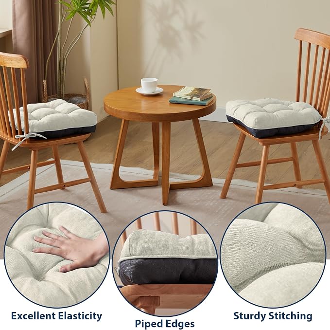 IASEAHK Chair Cushions for Dining Chairs, Seat Cushions for Kitchen Chairs, Indoor Seat Cushions with Ties, Tufted Foam Chair Pads, Non Slip Chair Cushions Set of 6, 15.5" x 15.5" x 4", Beige - Image 5