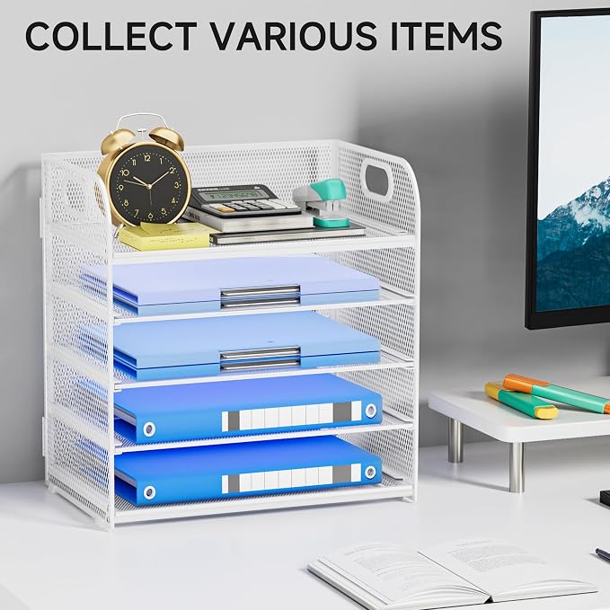 5-Tier Stackable Paper Organizer with Handle, White | Metal Mesh Desk Organizer Letter Tray, Office Storage & Organization for Home, School & Workplace - Image 7