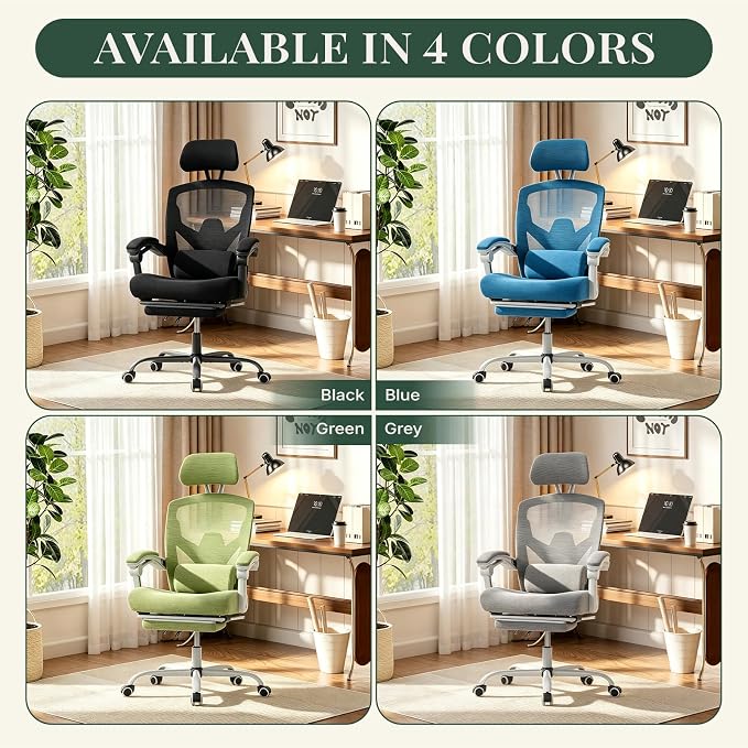 Ergonomic Office Chair with Footrest, Computer Gaming Chair | Adjustable Headrest, Lumbar Support, Swivel Reclining, Padded Armrest, Mesh High Back, Home Desk Work Study, Grey - Image 9