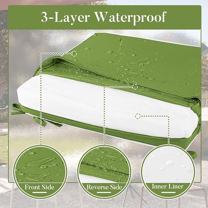 Basic Beyond Outdoor Chair Cushions for Patio Furniture, Waterproof Outdoor Seat Cushions Set of 4 19 x 19, Patio Chair Cushions Set of 4 with Ties and Handle, Grass Green/White - Image 4