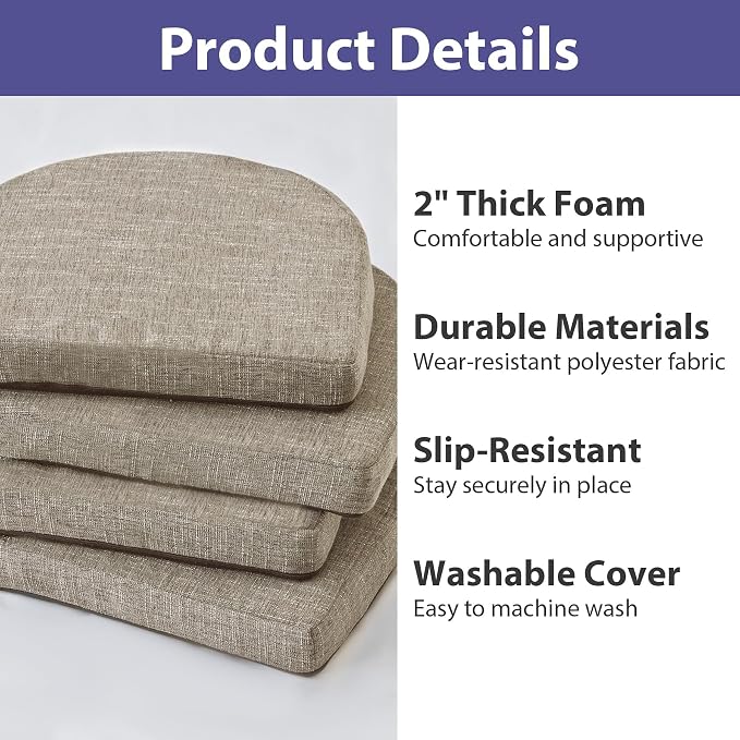 IPYNBAP Chair Cushions for Dining Chairs, Kitchen Chair Cushions, 16'' x 16'' x 2'', Non Slip Indoor Seat Cushions, Chair Pads for Dining Chairs with Ties & Removable Cover, Set of 6, Khaki - Image 7