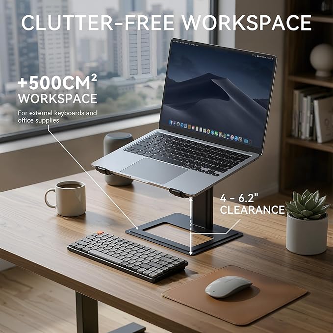 SOUNDANCE Adjustable Laptop Stand, Ergonomic Aluminum Riser for 10-17.3” Notebooks, Ventilated Metal Holder with Height Alignment for Desk Workspace, Black - Image 6