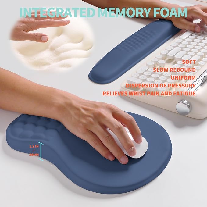 2-in-1 Ergonomic Set, Wave Rise Keyboard Wrist Rest and Massage Bulge Slope Mouse Pad Wrist Support, Cushion Memory Foam Integrated to Relieve Wrist Pain, Dark Blue - Image 4