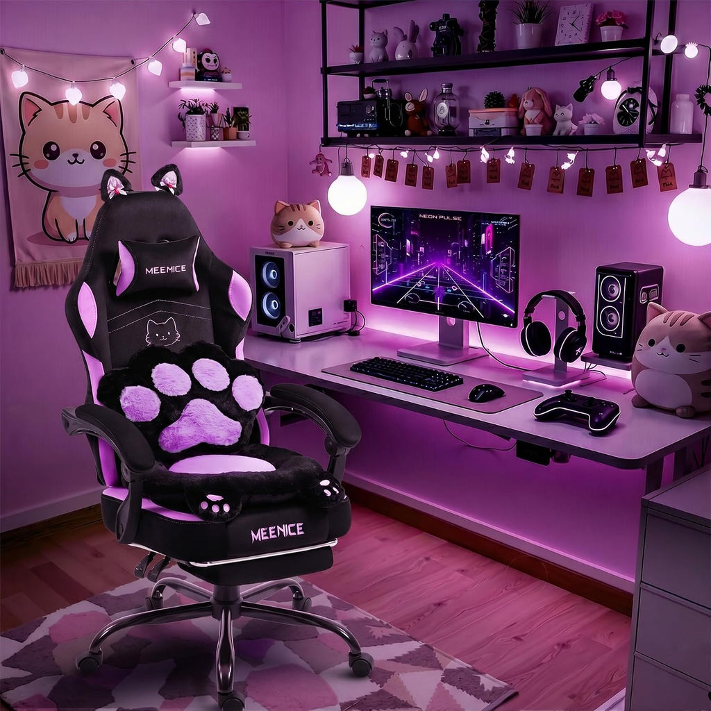 Pink Gaming Chair Cute with Cat Ears Paw Lumbar and Cushion,Ergonomic Computer Chair with Footrest,Reclining PC Game Chair for Girl Computer Chair 300lbs for Adult, Black and Purple by MEENICE