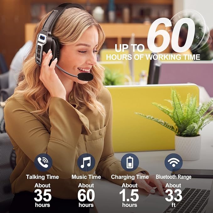 Sarevile Trucker Bluetooth Headset, V5.2 Wireless Headset with Upgraded Microphone AI Noise Canceling, On Ear Bluetooth Headphone with Mute for Driver Office Call Center (Black) - Image 6