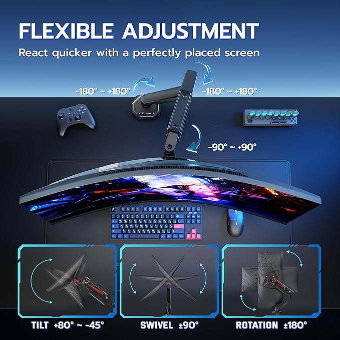 ARES WING 17-40 Inch Heavy Duty Single Monitor Arm with USB, Black | Fully Adjustable Monitor Mount for Flat Curved Ultrawide Screens Up to 26.5lbs, C-Clamp & Grommet Base, 75/100 Vesa Mount - Image 3