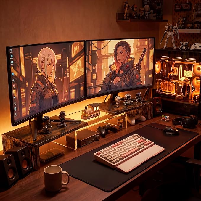 Dual Monitor Riser, Acrylic Monitor Riser, Adjustable Angle & Length Computer Monitor Stand, Wide Desk Shelf for Top of Desk for Home Office_Wood Look Small - Image 8