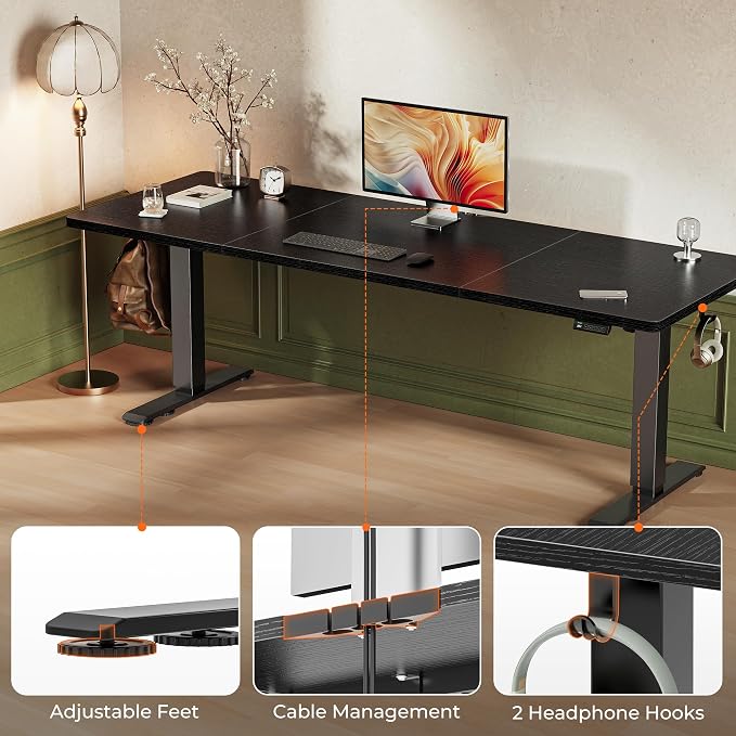Huuger 78.7'' x 29.5'' Large Electric Standing Desk, Height Adjustable Computer Desk, 29.5" Deep Desktop, Stand up Gaming Office Desk with 2 Hooks, 3 Preset Heights, for Home Office, Black - Image 7