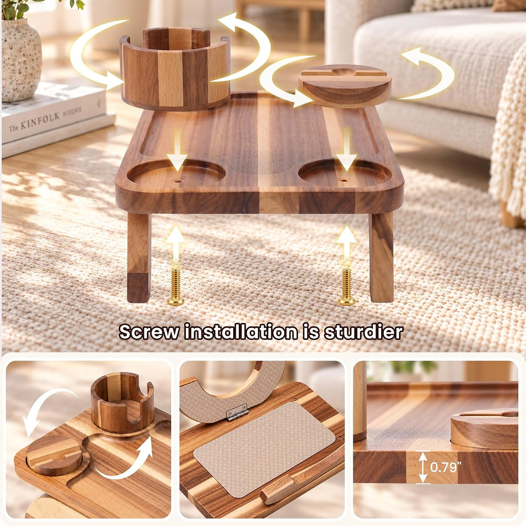 Couch Armrest Table, Acacia Sofa Arm Tray, 15.35"x9.84", Natural - Image 5