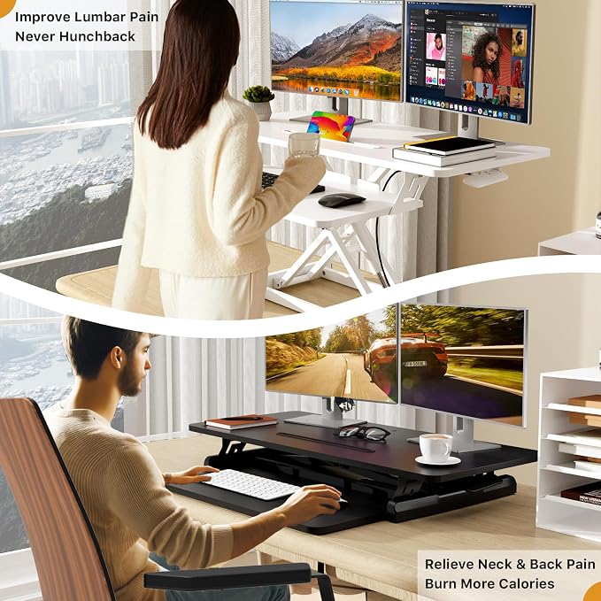 JOY worker 35" Standing Desk Converter, Height Adjustable Stand Up Riser | White Desk Top Stand Up desk Riser with Fixed Keyboard Tray, Dual Monitor and Laptop Workstation, Particle Board, Home Office - Image 5