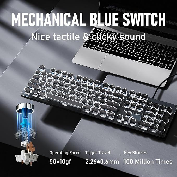 SEUNKWANG Typewriter Style Mechanical Gaming Keyboard with White Backlit, Wired Retro Punk Computer Keyboard Durable Metal Panel, Clicky Blue Switch, Round Keycaps, Full-size for PC/Desktop/Win, Black - Image 4
