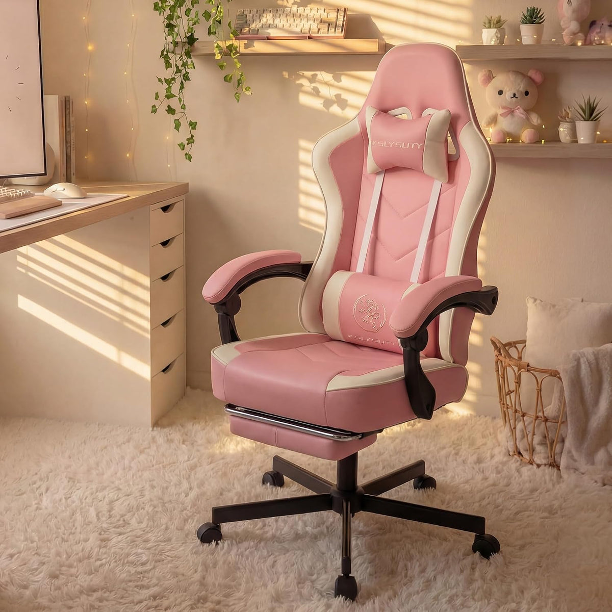 Office Desk Computer Gaming Chair for Adults, Ergonomic High Back Gamer Chair with Massage and Pocket Spring Cushion, Swivel Comfy Video Game Chairs with Footrest and Lumbar Support (Pink White) - Image 8