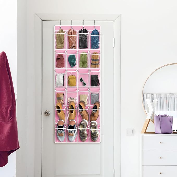 Simple Houseware 24 Pockets Large Clear Over the Door Shoe Organizer, Pink | 56" x 22.5", 4 Durable Metal Hooks, 5" x 9" Pocket Size, Multipurpose - Image 8