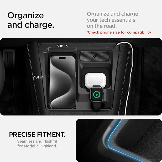 Spigen 3-in-1 Organizer Mount for Tesla Model 3 Highland (Standard, Premium & Performance 2024/25/26) (Watch Charger Not Included) - Uses Wireless Charging Pad - Charge iPhone, AirPods, Apple Watch - Image 3