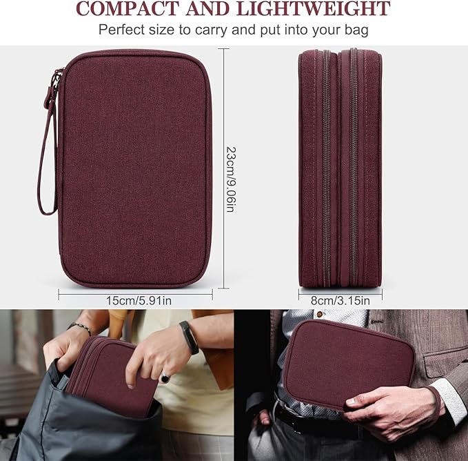 FYY Electronic Organizer, Travel Tech Pouch Bag, Large, Wine Red | Wrist Strap, Waterproof, Double Layers Portable Electronics Travel Carrying Case for Cord, Charger, Daily Business Trips Use - Image 2