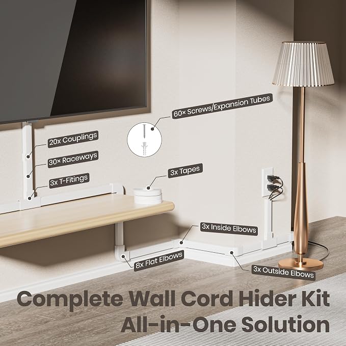 Delamu TV Cord Hider Wall, 472in Cable Hider, Large Cord Covers for 3-4 Wires on Wall, Paintable Cable Raceway to Hide Wires on Wall with 30 Raceways & 37 Accessories, 1.18in W x 0.67in H, White - Image 3
